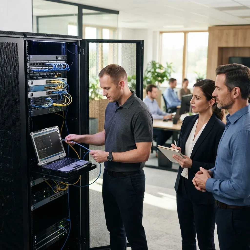 Technicien informatique Miracom configurant un équipement réseau devant des clients professionnels en entreprise