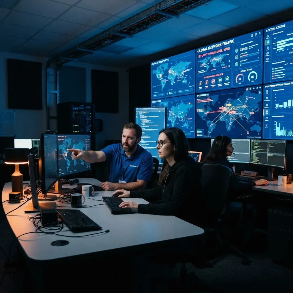 Centre de surveillance réseau Miracom avec écrans de monitoring