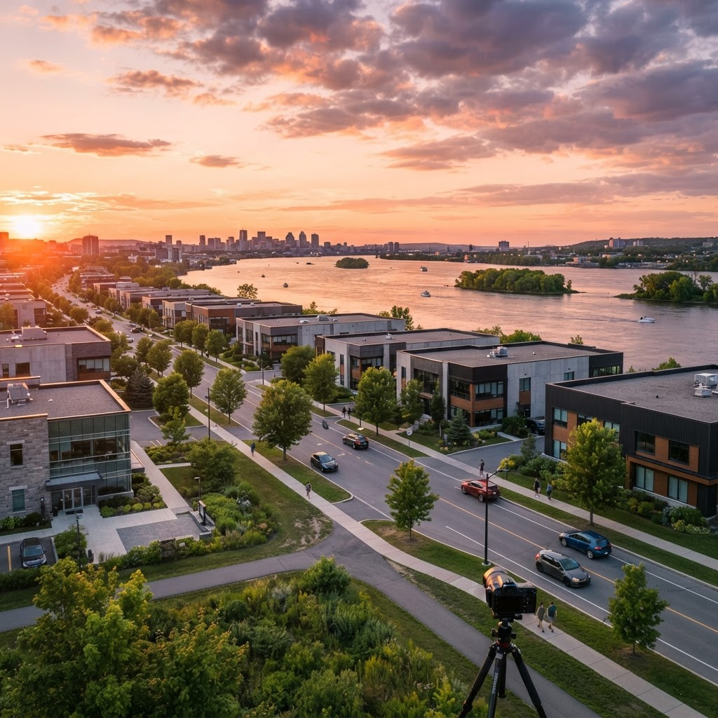 Vue de Boucherville et du fleuve Saint-Laurent avec les îles de Boucherville au coucher du soleil