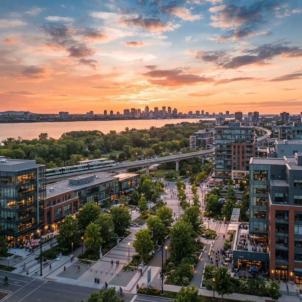 Vue d'un quartier d'affaires moderne de Brossard avec la silhouette de Montréal à l'horizon au coucher du soleil