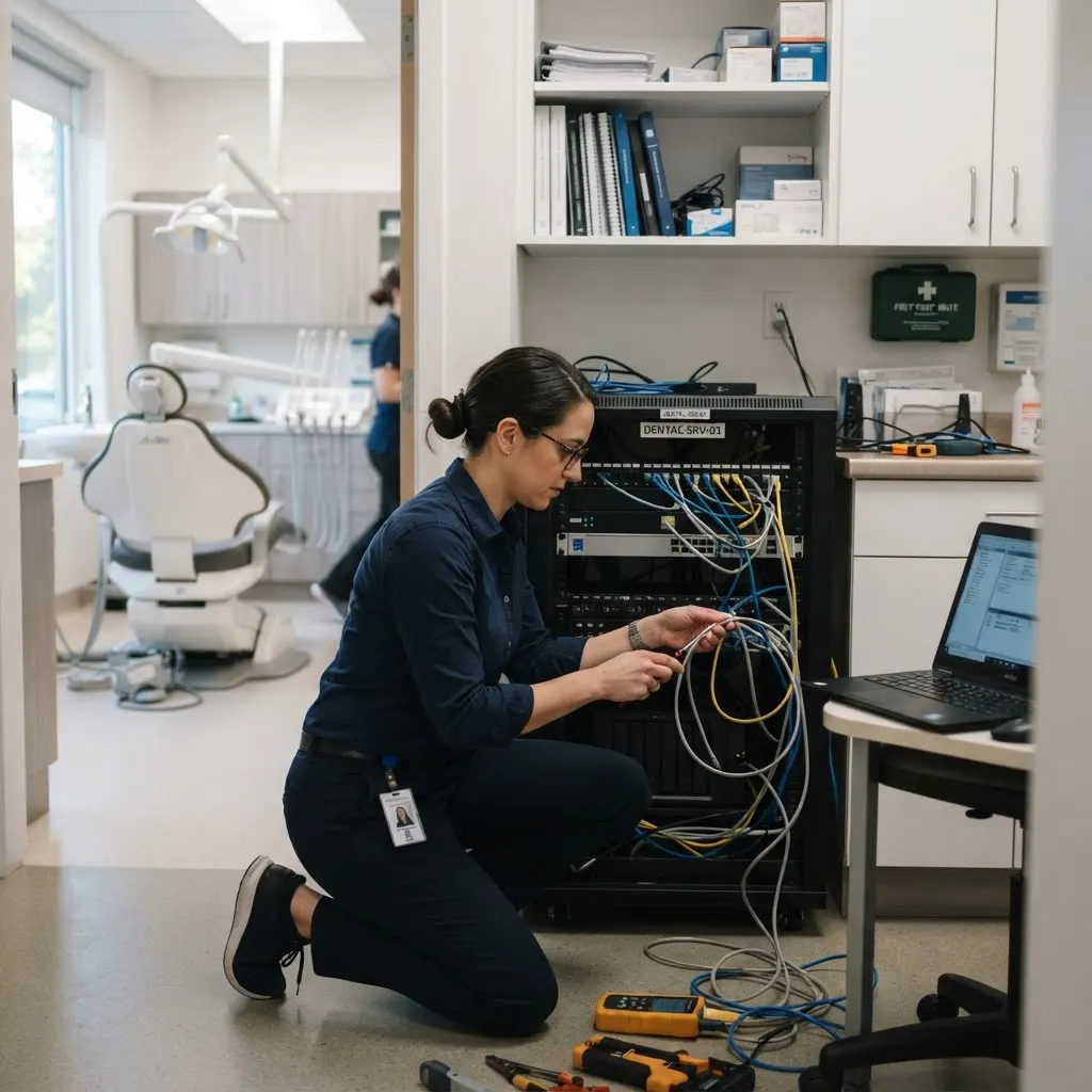 Technicien TI configurant une baie de serveurs dans l’arrière-boutique d’une clinique dentaire moderne