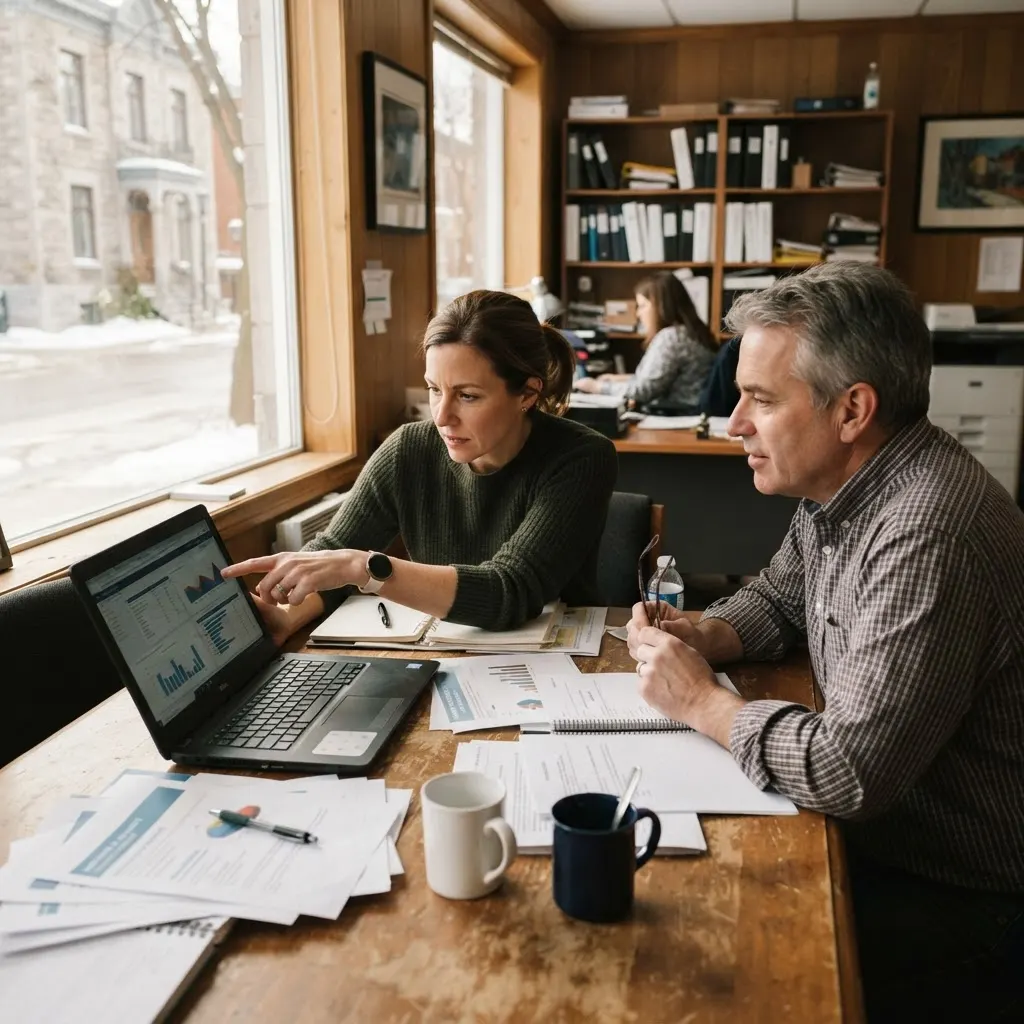 Professionnels examinant un rapport de cybersécurité dans un bureau comptable