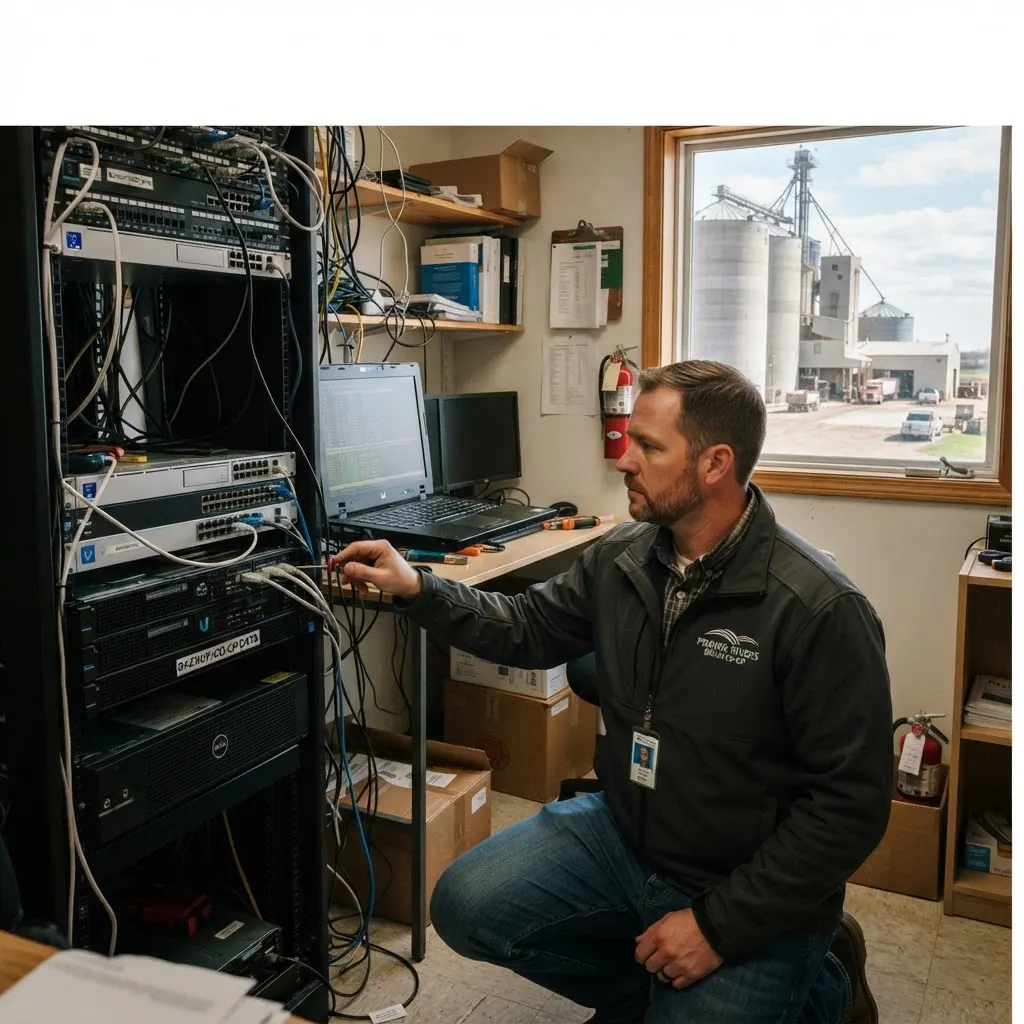 Technicien TI vérifiant un équipement de sauvegarde dans le bureau d’une coopérative agricole avec silos en arrière-plan
