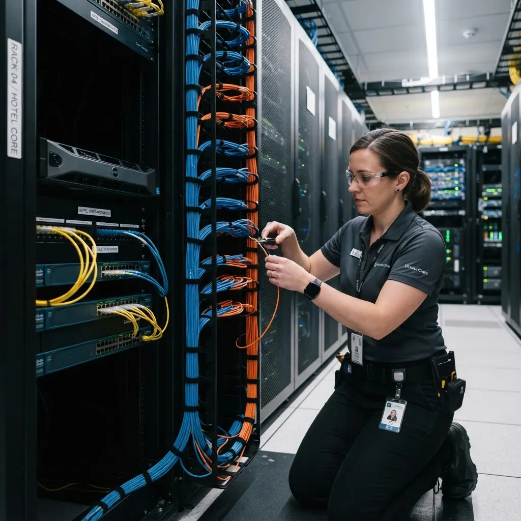 Ingénieur réseau organisant des câbles de fibre optique dans une salle serveur moderne d’hôtel