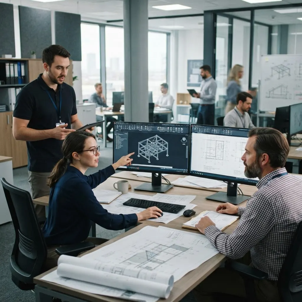 Ingénieurs travaillant sur des plans CAD sur deux écrans avec un spécialiste TI dans un bureau de génie-conseil