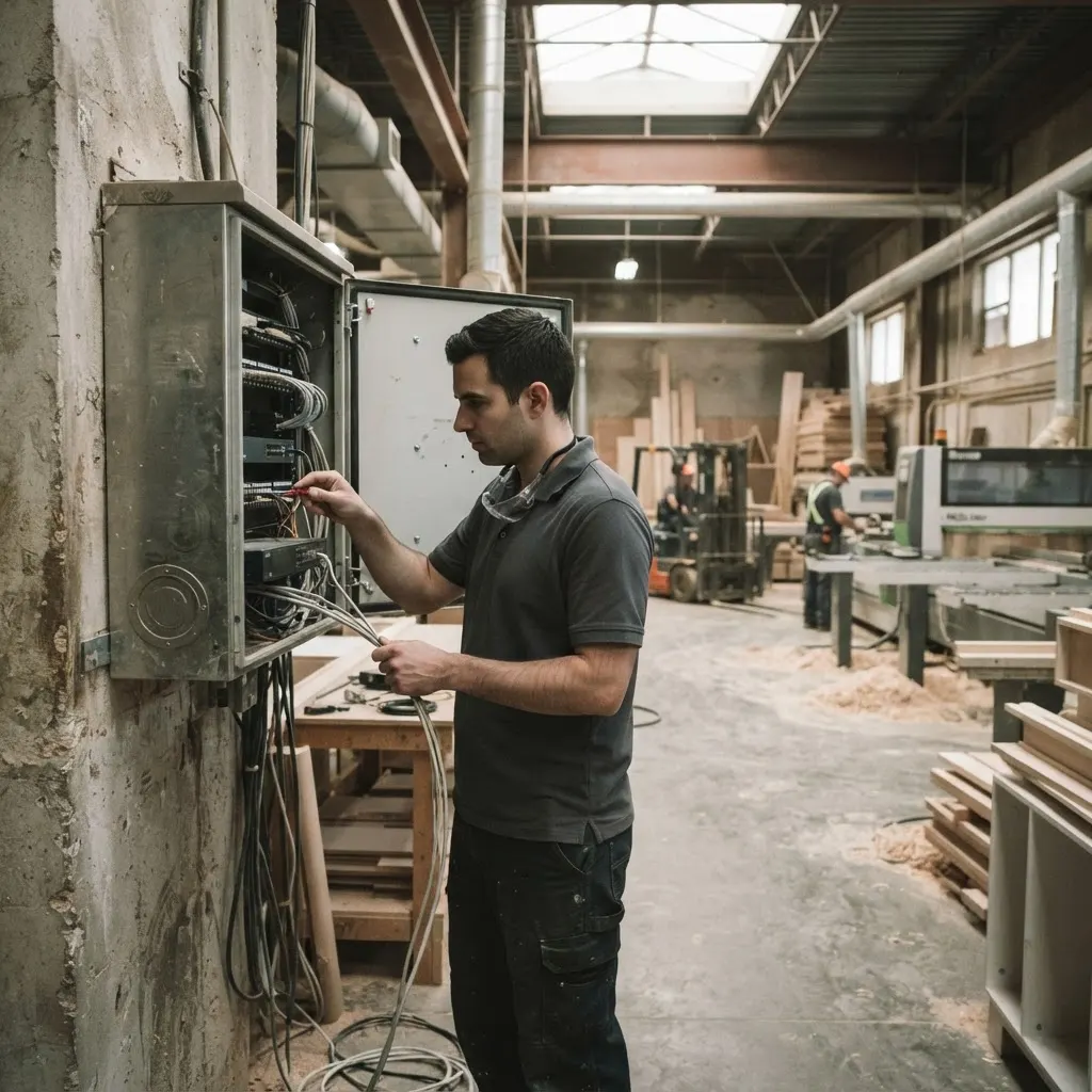 Technicien TI vérifiant une armoire réseau dans une usine de meubles
