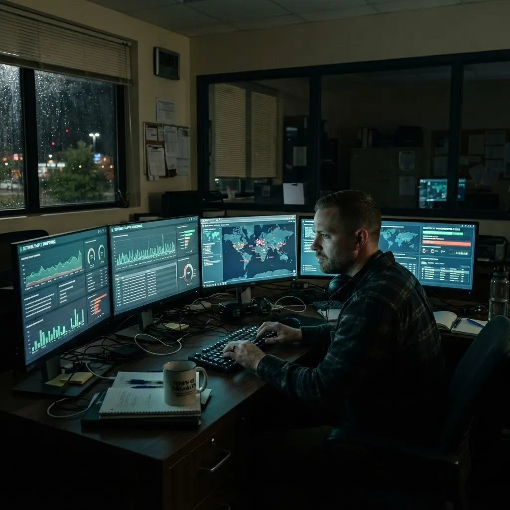 Spécialiste en cybersécurité surveillant des tableaux de bord réseau de nuit dans un bureau municipal