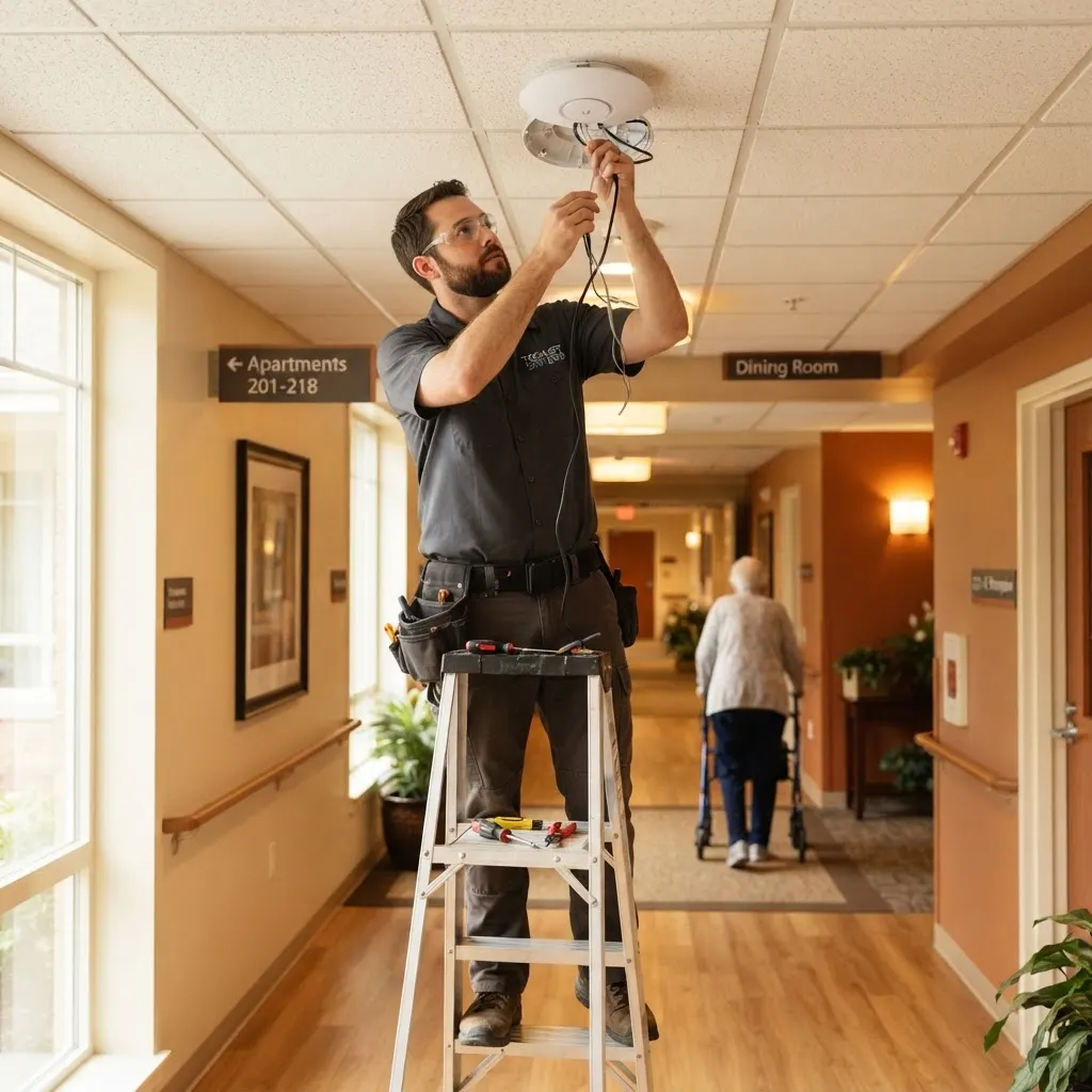 Technicien réseau installant une borne Wi-Fi au plafond dans le corridor d’une résidence pour aînés