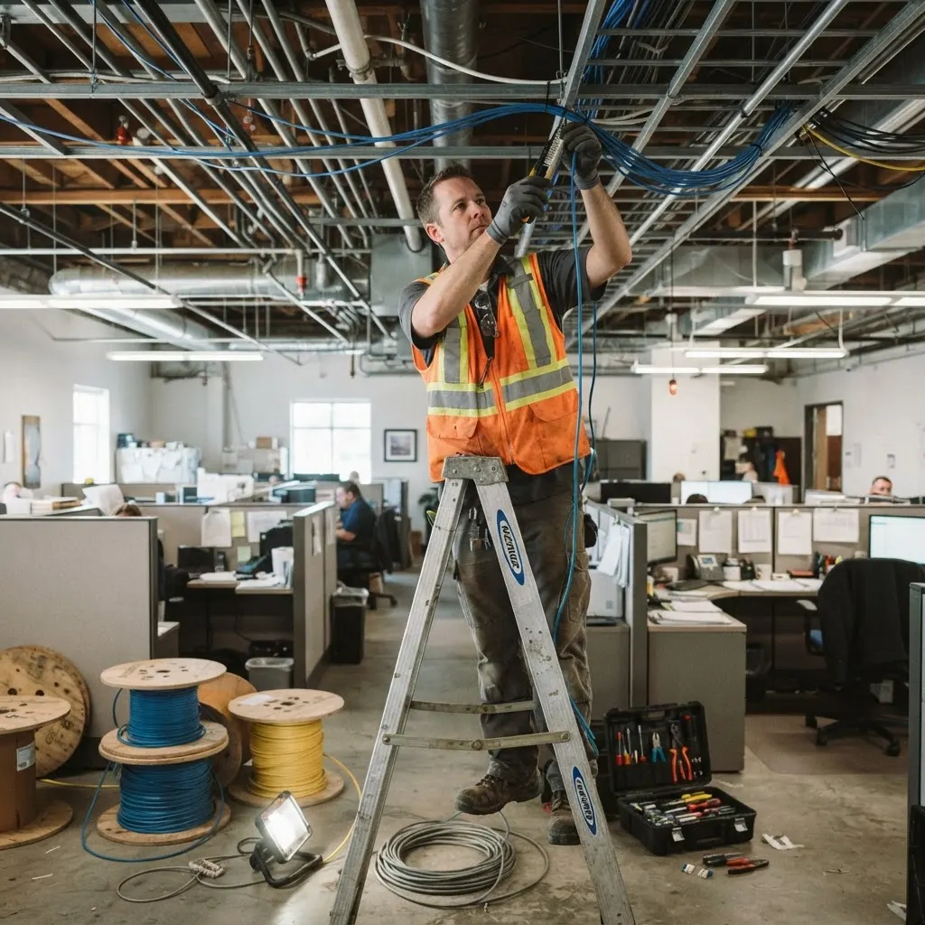 Technicien réseau installant du câblage dans le plafond d’un bureau de transport