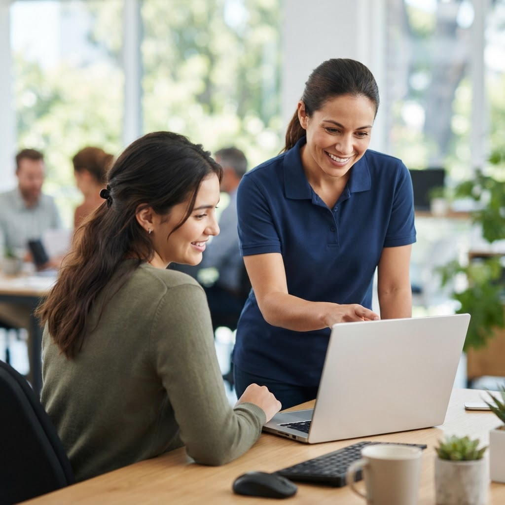 Technicienne de Groupe Miracom aidant une employée de PME sur place dans un bureau de Montréal