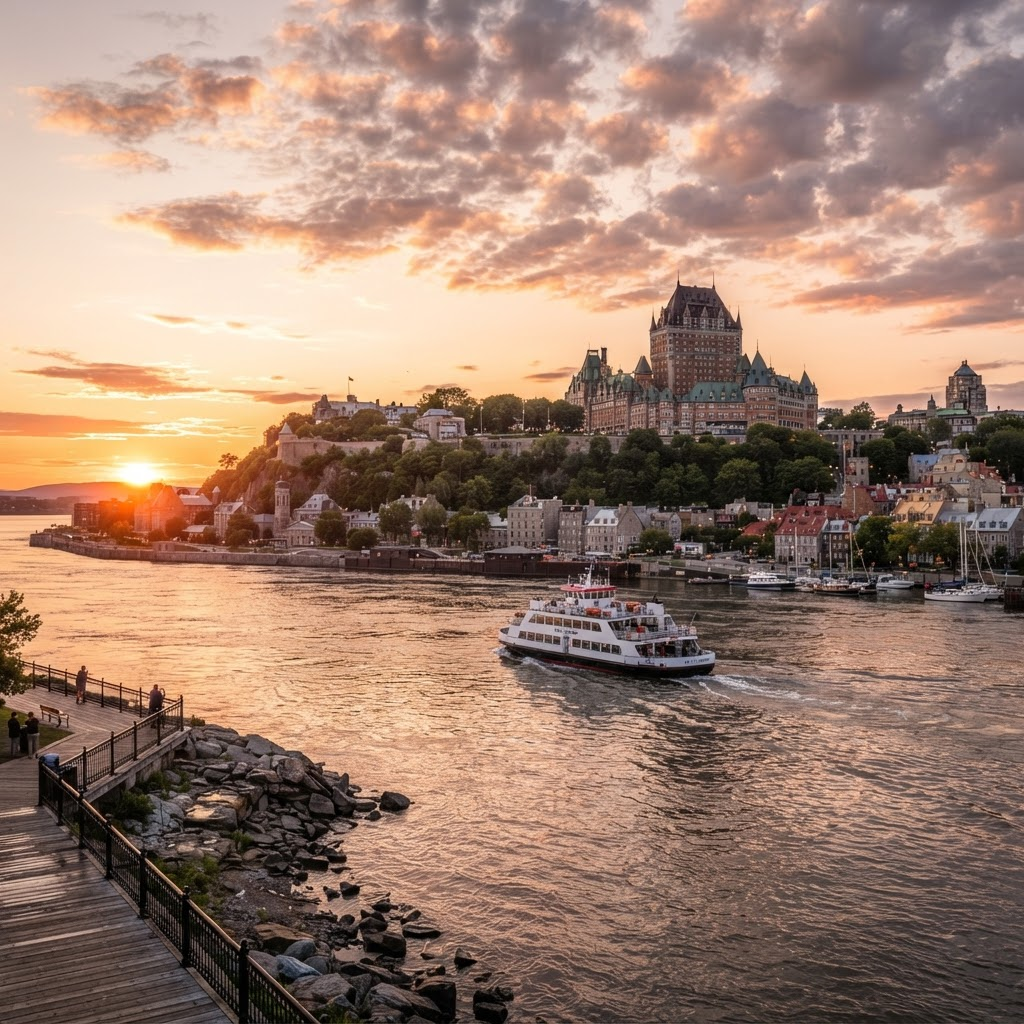 Vue de Lévis sur le fleuve Saint-Laurent avec le Vieux-Québec et le Château Frontenac en arrière-plan au coucher du soleil