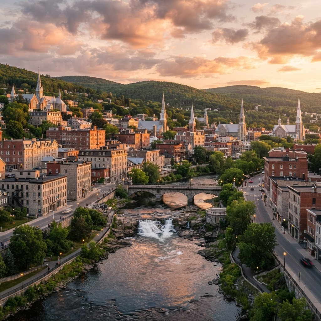 Vue du centre-ville de Sherbrooke avec la rivière et les collines de l'Estrie au coucher du soleil