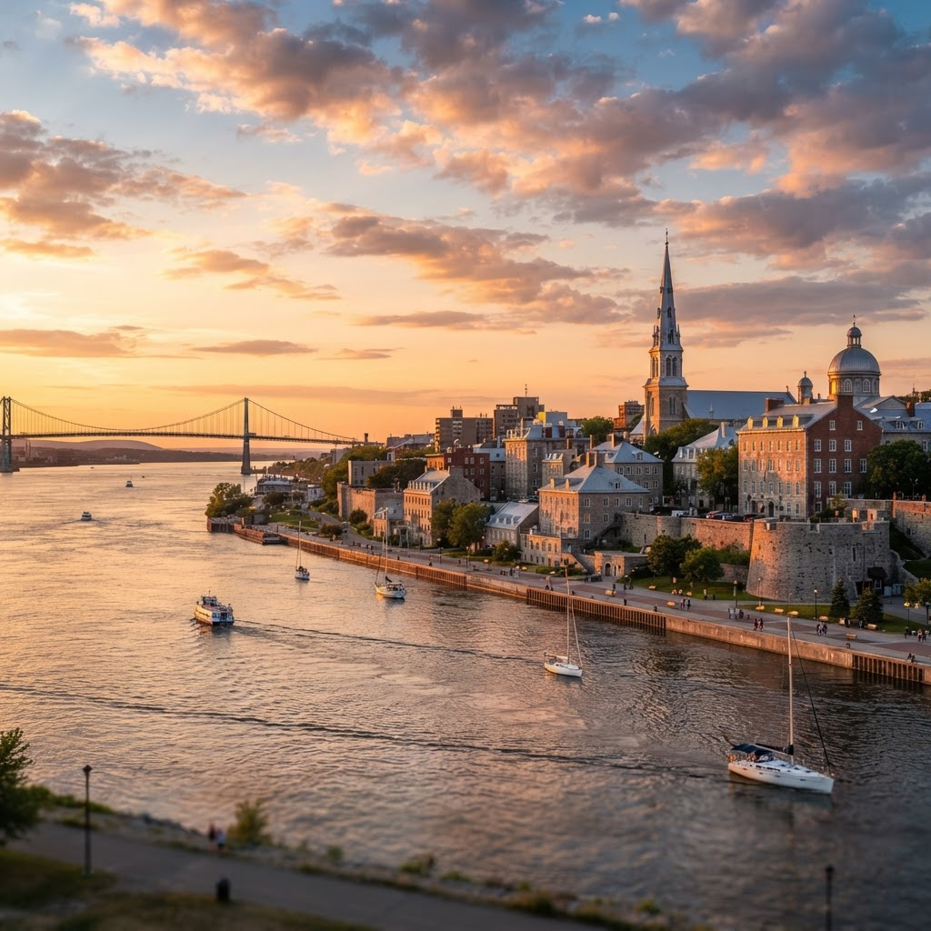 Vue du centre-ville historique de Trois-Rivières au bord du fleuve Saint-Laurent au coucher du soleil