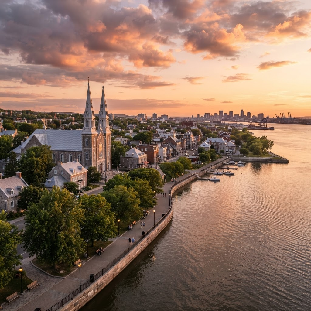 Vue de Varennes en bordure du fleuve Saint-Laurent avec son église historique au coucher du soleil