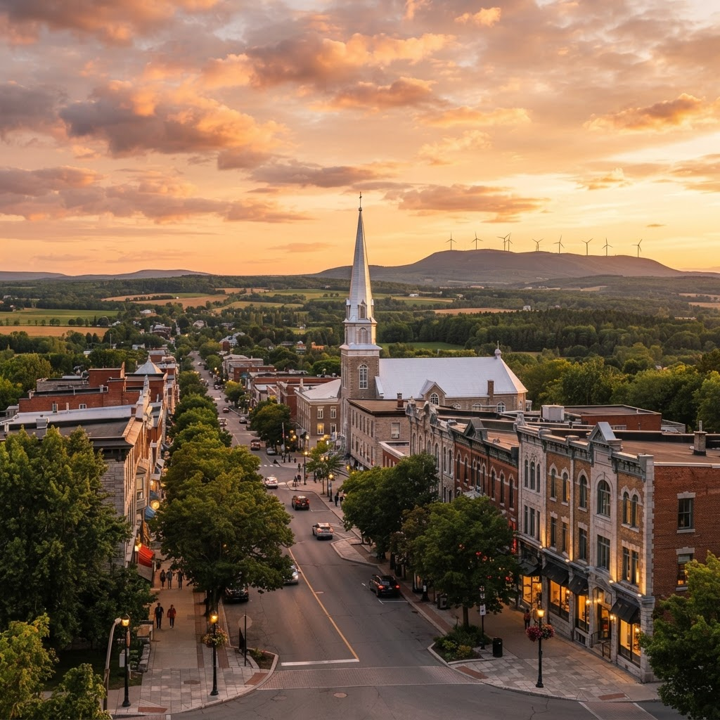 Vue de Victoriaville avec le mont Arthabaska et les éoliennes du Centre-du-Québec au coucher du soleil